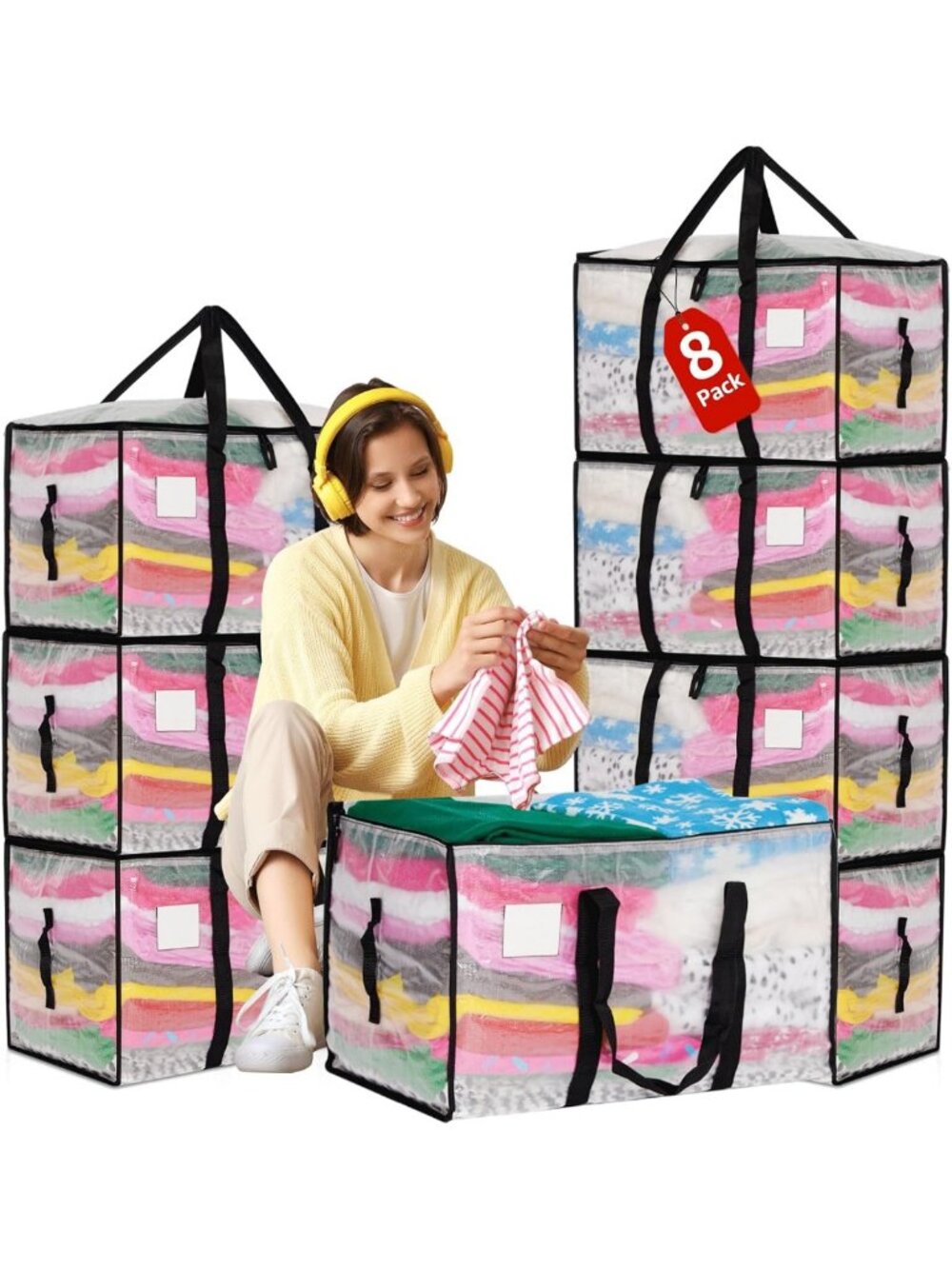 Extra Large Heavy Duty Moving Bags - Clear Storage Totes with Lids & Zippers, 8